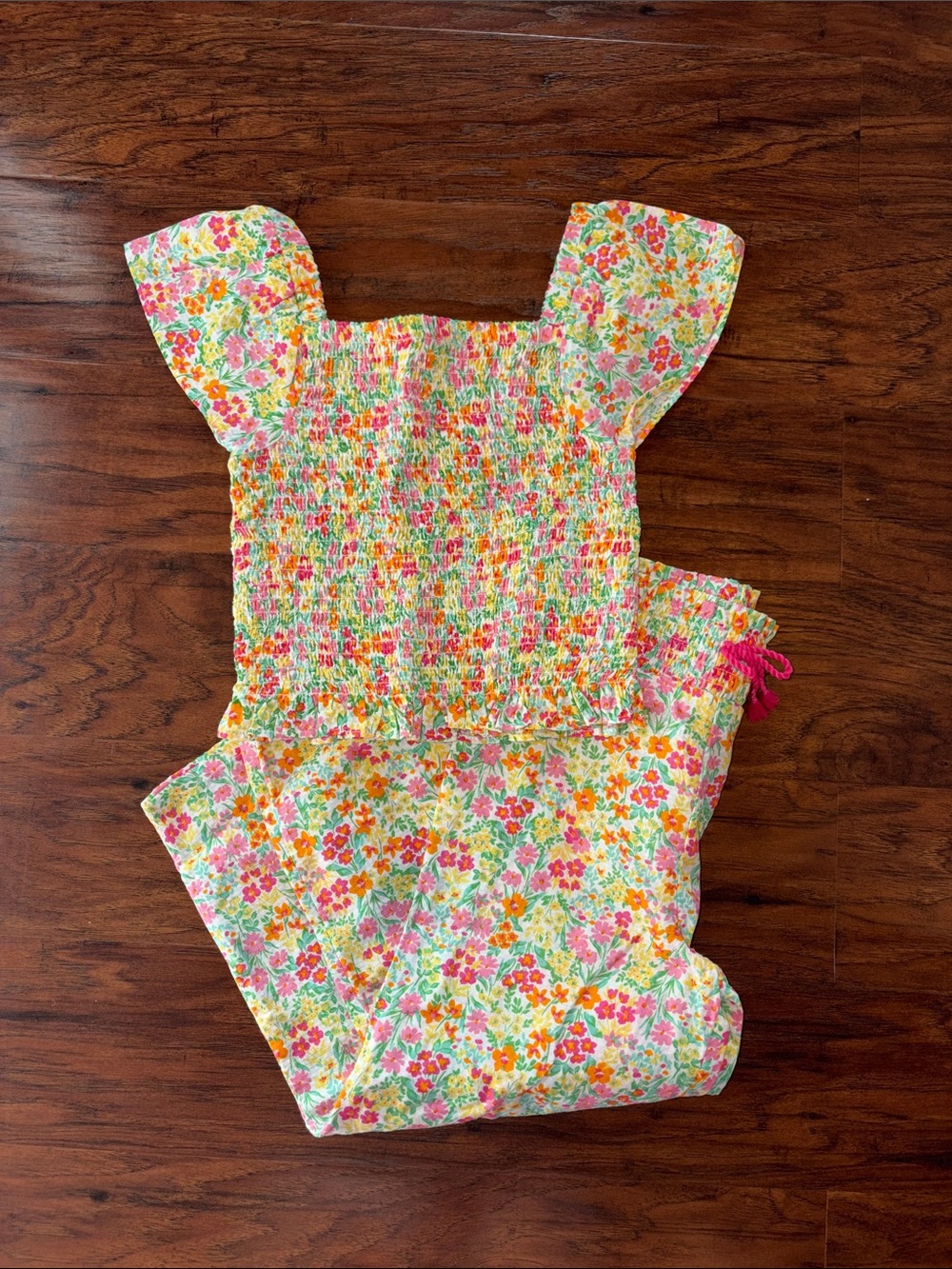 Tommy Bahama Floral Smocked Jumpsuit Romper in Pink, Orange, Green Youth S 5/6